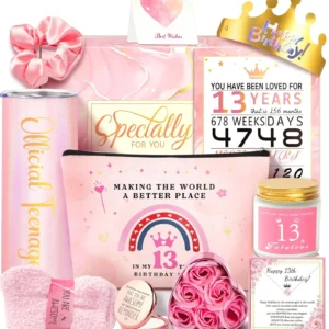 This 13th birthday gift set for girls includes a tumbler, candle, cosmetic bag, jewelry, and more, perfect for celebrating her milestone.