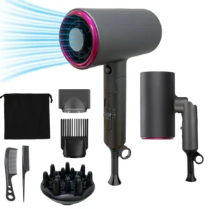 This is a foldable 1800W salon hair dryer with ionic technology, concentrators, and a diffuser for fast, frizz-free drying.