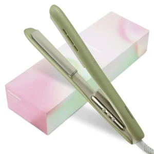 Matcha green 2-in-1 hair styling tool that creates straight or curly looks with ion conditioning and ceramic plates for smooth, shiny hair.