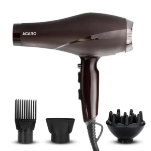 Black 2000 Watt professional hair dryer with AC motor featuring hot and cold air settings, a cool shot button, and multiple speed and temperature options for salon-style results.