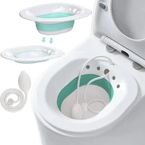 This is a collapsible 7U sitz bath basin with flusher designed to fit over a toilet seat for postpartum care and hemorrhoid relief.