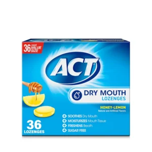 This package contains 36 ACT Dry Mouth Lozenges with Xylitol in a sugar-free honey-lemon flavor to soothe dry mouth and freshen breath.
