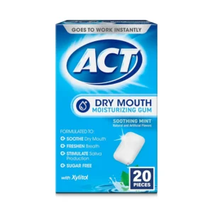 This is a 20-count pack of ACT Dry Mouth Moisturizing Gum with Xylitol in a sugar-free soothing mint flavor.