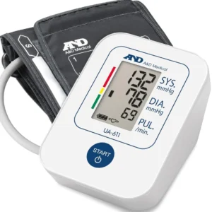 A&D Medical UA-611 upper arm blood pressure monitor, clinically validated and featuring one-button operation, irregular heartbeat indicator, and WHO classification.