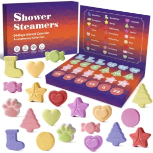 The aromatherapy shower bombs advent calendar is a perfect Christmas countdown gift for women, featuring 24 individually wrapped shower steamers with 12 calming scents and 8 festive shapes for relaxation and stress relief.