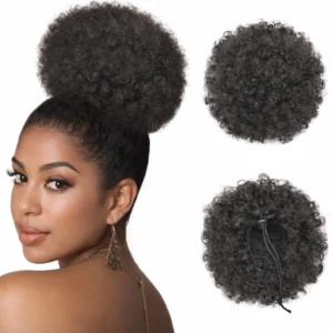 This curly afro puff drawstring ponytail extension in black brown color is perfect for black women who want a comfortable, natural-looking hairstyle for any occasion.