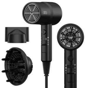 AINA hair dryer with diffuser attachment, featuring ionic and ceramic technology for fast drying and shiny, frizz-free hair.