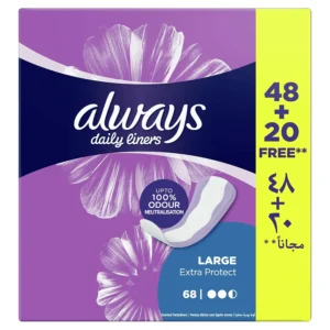 Always Daily Liners Extra Protect Large pantyliners provide up to 100% odour protection, with added side protection and a soft, absorbent top sheet for daily freshness and comfort.