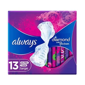 Always Diamond Flexfoam large sanitary pads with wings feature flex foam technology for ultimate comfort, absorbing 10X its weight while conforming to the body for a zero-feel experience, ensuring dryness and leak protection with a soft, breathable top sheet.