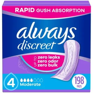 This image shows Always Discreet incontinence pads for women, size 4, offering moderate absorbency and odor control for bladder leak protection.
