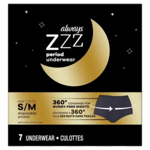 Always ZZZ overnight disposable period underwear in size small/medium provides 360-degree leak-free protection for worry-free nights.
