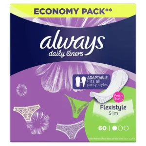 Sixty Always Multiform Normal panty liners with a fresh scent, offering flexible, discreet, and breathable everyday freshness for all styles of underwear, dermatologically tested to be gentle on skin.