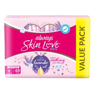 Always Skin Love pads with lavender oil provide soothing skin care and 100% leakage protection, featuring a soft top sheet for a cushiony, flexible feel.