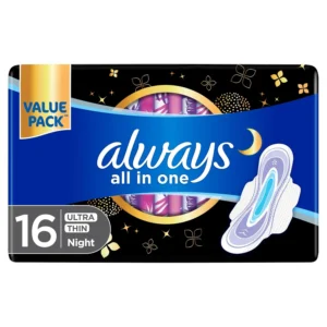 This image shows a pack of Always Ultra Thin All In One Night Large sanitary pads with wings, offering zero compromise on protection, a dry topsheet, clean absorption technology, and odor neutralizing technology for a fresh and comfortable feeling.