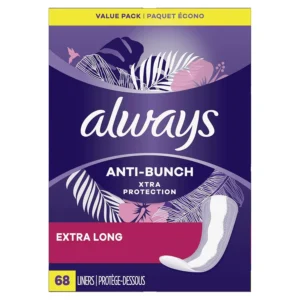 Package of Always Xtra Protection Extra Long Daily Liners with 68 pantiliners, providing comfortable, dry, and secure protection for up to 10 hours.