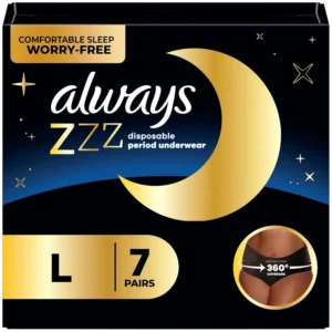 Always ZZZ Overnight disposable period underwear in size LG offers 360-degree coverage for leak-free nights and absorbs as much as five Always Ultra Thin pads.