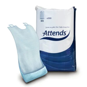 This is a single pack of 250 Attends Healthcare disposable bibs, designed to protect clothing during meal times.