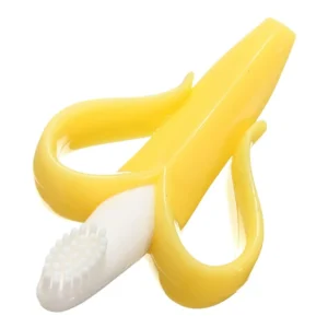 Yellow baby banana toothbrush teether made of 100% food-grade silicone with soft massaging bristles for teething relief and oral hygiene.