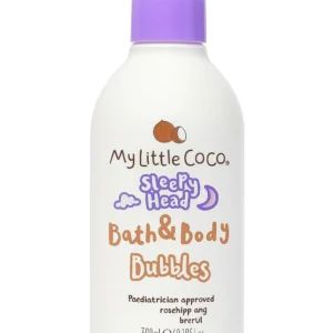 My Little Coco Sleepy Head baby bubble bath creates fluffy bubbles with organic coconut oil and a soothing lavender, chamomile, and vanilla scent to gently cleanse and nourish delicate skin.