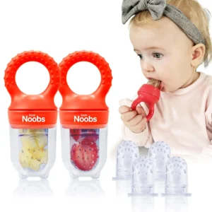 This 2-pack of LoveNoobs baby fruit feeders can be used as a pacifier, teether, and food feeder for babies 6 months and up, offering a safe way to introduce new foods while soothing teething gums.