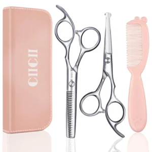 This baby hair scissors set includes safety round tip scissors and thinning shears for easy and safe haircuts for toddlers and children at home.
