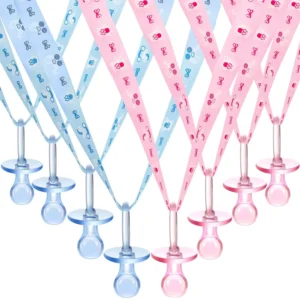 This set of 24 acrylic baby pacifier necklaces in pink and blue are perfect party favors and decorations for a gender reveal or baby shower.