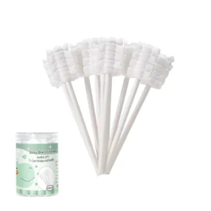This image displays a 42-piece baby tongue cleaner kit with disposable infant toothbrushes designed for gentle oral cleaning and gum care for newborns and infants up to 36 months old.