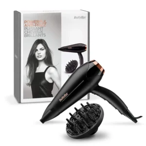 This is a BaByliss hair dryer with ionic technology for a frizz-free finish, a powerful 2200W motor, multiple heat and speed settings, and includes a diffuser attachment for versatile styling.