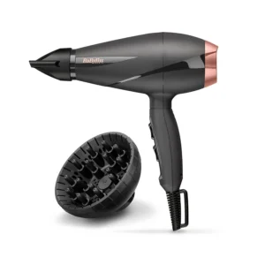 Black BaByliss Paris hair dryer with 2100W salon-grade motor and ionic technology, featuring an ultra-slim concentrator nozzle for precise styling and frizz control, crafted in Italy.