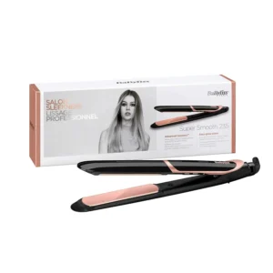 The BaByliss Shimmer ST391SDE hair straightener in black, featuring dual-function styling for straightening and curling with tourmaline-ceramic coated plates, fast heat-up, and ionic frizz control, delivering salon-quality results at home.