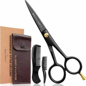 This beard and mustache grooming kit features premium German steel scissors, two combs, and a travel pouch for precise facial hair trimming and styling.