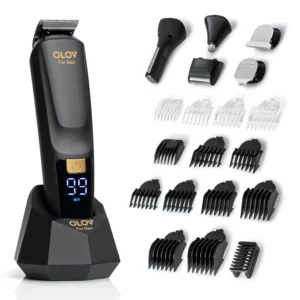 This all-in-one beard trimmer grooming kit for men includes multiple heads for face, body, nose, and ear hair trimming, along with a USB charging dock.