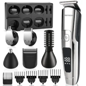 Cordless and rechargeable 6 in 1 grooming kit with multiple trimmer heads, guide combs, LED display, and storage dock.