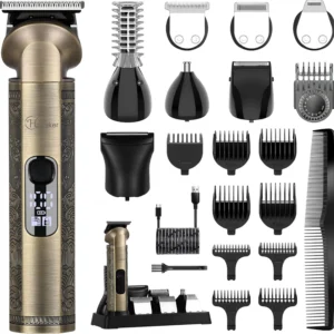 This Hatteker 8-in-1 grooming kit includes a beard trimmer, hair clipper with guide combs, T-blade trimmer, and other attachments for nose, ear, body, and face grooming for men.