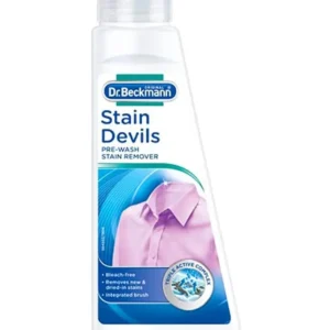 A bottle of Dr. Beckmann Pre-Wash Stain Remover, a bleach-free formula for effective stain removal before laundering.