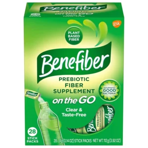 This image shows a box of Benefiber On the Go unflavored prebiotic fiber supplement powder stick packs for digestive health, with 28 individual servings.