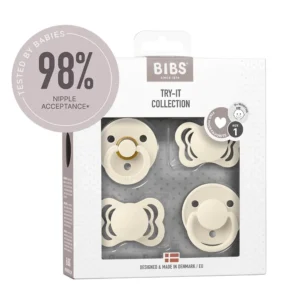 This Bibs baby pacifier try-it box contains four BPA-free pacifiers in ivory, featuring natural rubber and silicone nipples designed for sensitive mouths and babies up to 6 months old.