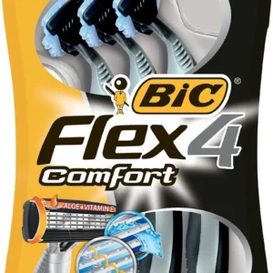 Bic Flex 4 men's disposable razor with four flexible blades, lubricating strip with Aloe Vera and ergonomic anti-slip handle for a smooth, close shave.
