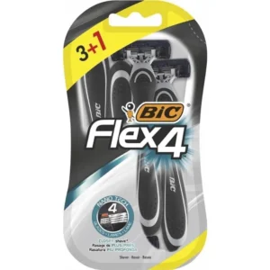 Four Bic Flex4 Comfort men's razors with lubricating strip, ergonomic rubber handle for a comfortable grip, and spring-mounted blades for easy cleaning.