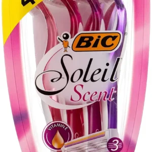 A pack of Bic Soleil Scent disposable razors for women with triple blades, lubricating strip with vitamin E, and fixed head for a close shave.