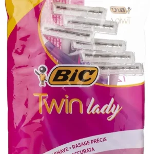 This image shows a 12 pack of Bic Twin Lady disposable razors with super light handles and twin stainless steel blades for a close and easy shave.