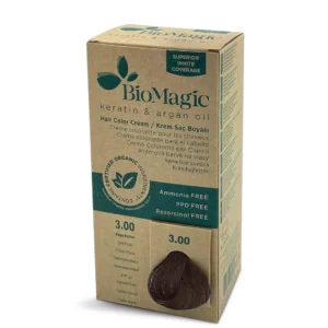 Tube of Biomagic 3/00 dark brown hair color for a chemical-free hair dyeing experience.