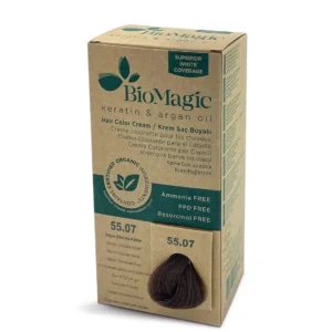 A tube of Biomagic 55/07 Intense Chocolate Brown permanent hair color, 60 ml.