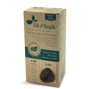 A tube of Biomagic permanent hair color in shade 6/00, dark blonde, a chemical-free hair dye solution.