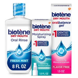 The biotène Dry Mouth Kit includes oral rinse, dry mouth spray, and moisturizing gel to provide relief from dry mouth symptoms, freshen breath, and protect oral tissues.