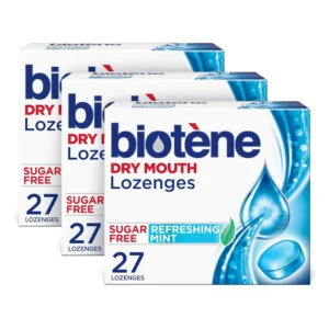 Three boxes of biotène Refreshing Mint Dry Mouth Lozenges provide dry mouth relief and fresh breath.