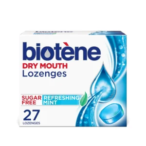 Two packs of biotène Dry Mouth Lozenges in Refreshing Mint flavor, a sugar-free and dentist-recommended solution for dry mouth, with only 10 calories per lozenge and containing xylitol, perfect for on-the-go breath freshening.