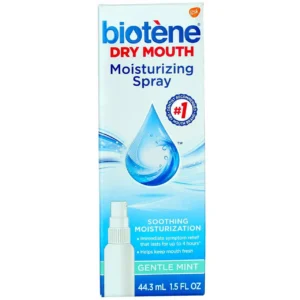 biotène Dry Mouth Spray moisturizes and soothes dry mouth while freshening breath with a gentle mint flavor in a convenient, portable size.