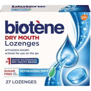 This package contains 27 mint flavored biotène lozenges designed to relieve dry mouth and freshen breath, as recommended by dentists.