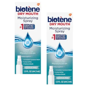 Two bottles of biotène Moisturizing Mouth Spray, each 1.5 fl oz, to relieve dry mouth symptoms.